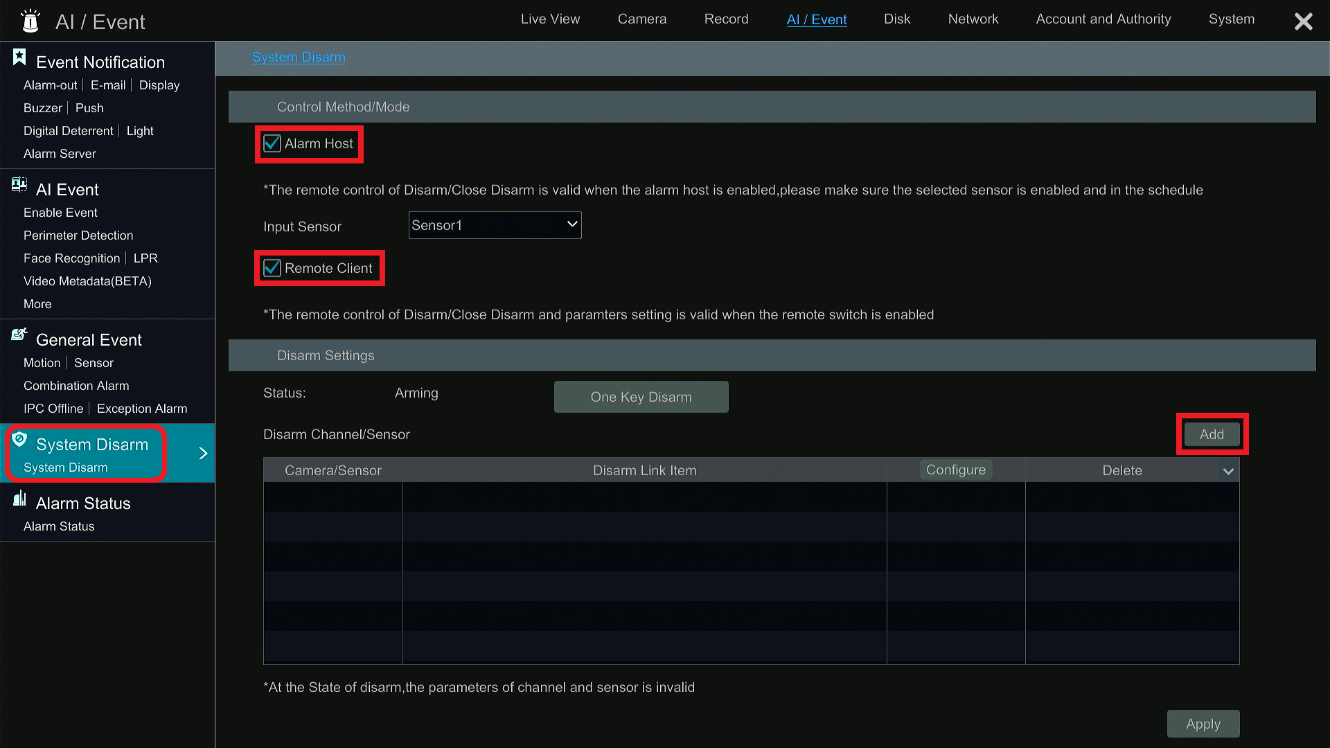 How to configure and utilize the arm/disarm feature of a Speco Blue ...